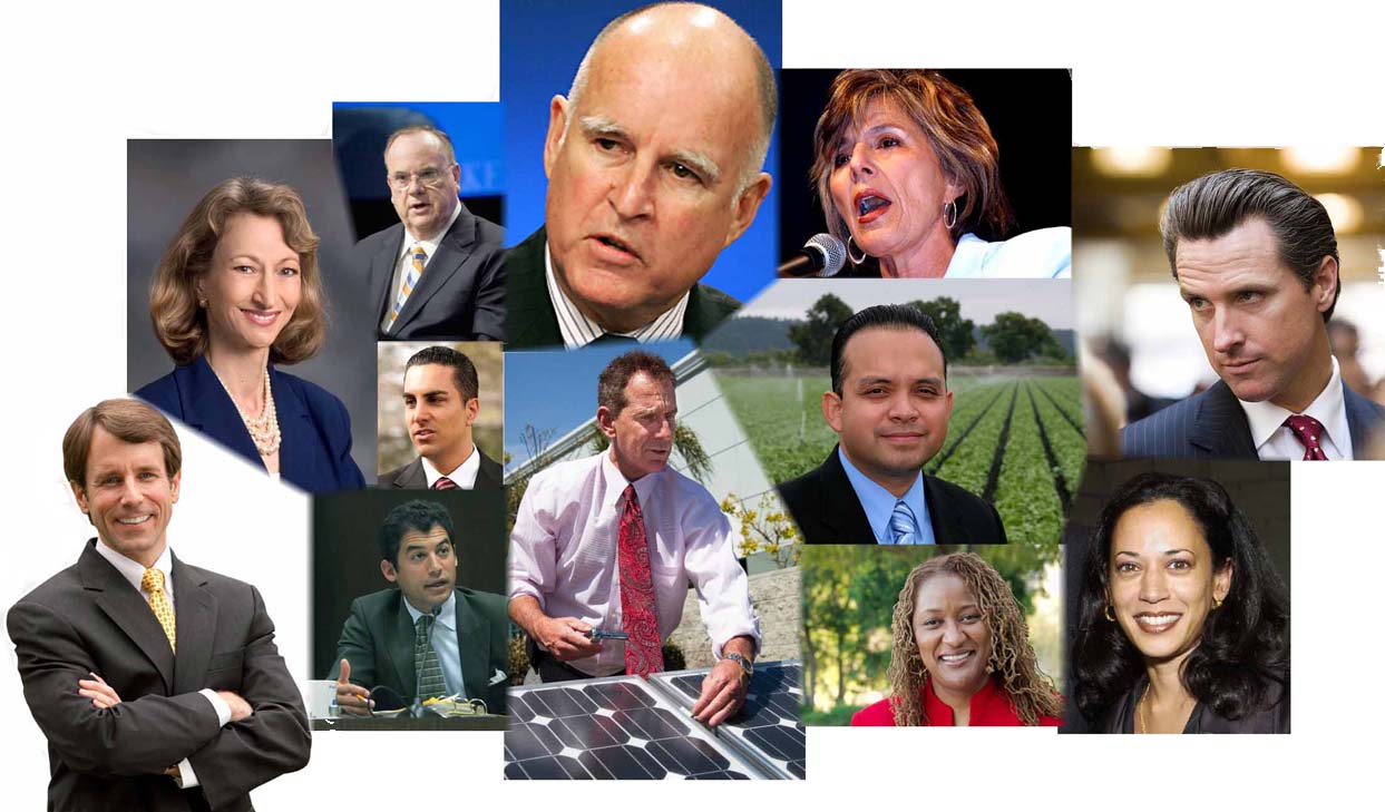 Clockwise from bottom left: Dave Jones; Debra Bowen; Bill Lockyer; Jerry Brown; Barbara Boxer; Gavin Newsom; Kamala Harris; Holly Mitchell (below); Luis Alejo (above); Bob Wieckowski; Das Williams (below); and Mike Gatto (above).