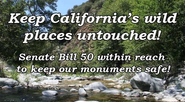 Keep California's wild places untouched!  Senate Bill 50 within reach to keep our monuments safe!